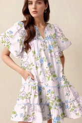 Printed Tie Neck Short Sleeve Mini Dress Floral OutfitFlow