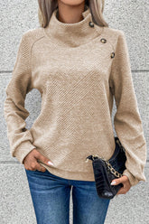 Textured Turtleneck Long Sleeve Sweatshirt Tan OutfitFlow