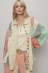 POL Printed Button Up Oversized Shirt Beige OutfitFlow