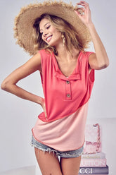 BiBi Color Block Contrast Stitching Buttoned Henley Top CORAL BLUSH OutfitFlow