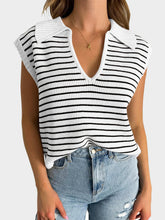 Mandy Collared Neck Striped Sweater Vest White OutfitFlow