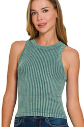 Zenana Ribbed Washed Seamless Tank Top ASH JADE OutfitFlow