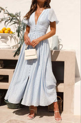 V-Neck Puff Short Sleeve Midi Dress Light Blue OutfitFlow