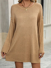 Round Neck Dropped Shoulder Sweater Camel OutfitFlow