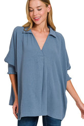Zenana Airflow Collar Tee with Smocked Sleeve Band Top DUSTY BLUE OutfitFlow
