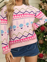 Multicolour Ethnic Christmas Pattern Knit Feather Cuffed Sweater Blush Pink OutfitFlow