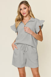 Double Take Full Size Texture Flounce Sleeve Top and Drawstring Shorts Set Light Gray OutfitFlow