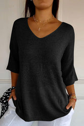 V-Neck Three-Quarter Sleeve Knit Top Black One Size OutfitFlow