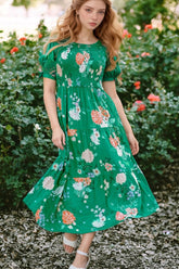 Floral Print Bubble Sleeve Smocked Tiered Midi Dress Dark Green OutfitFlow