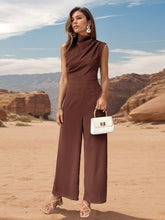 Perfee Ruched Mock Neck Sleeveless Jumpsuit Brown OutfitFlow