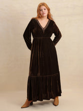 Plus Size Lace Detail V-Neck Long Sleeve Midi Dress Dark Brown OutfitFlow