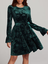 Tied Flower Print Round Neck Flounce Sleeve Dress Dark Green OutfitFlow