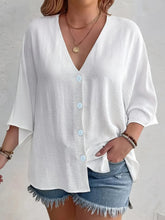 Full Size Casual V-Neck Button Down Relaxed Fit Blouse Plus Size White OutfitFlow