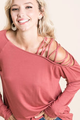 BiBi Jersey Knit One Shoulder Top With Criss Cross MARSALA OutfitFlow