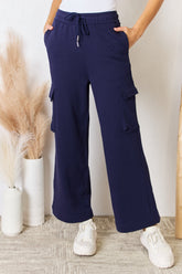 RISEN Drawstring Relaxed Cargo Wide Leg Pants Dark Blue OutfitFlow
