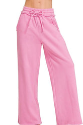 Zenana Fleece Exposed Seam Wide Leg Sweatpants CANDY PINK OutfitFlow