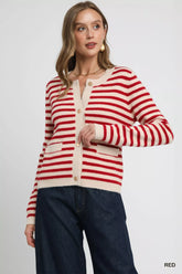 Umgee Striped Knit Button-Up Cardigan RED OutfitFlow