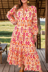 Tiered Printed Notched Long Sleeve Midi Dress Sherbet OutfitFlow