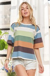 ADORA Multi Color Stripe Casual Top SAGE OLIVE OutfitFlow