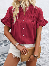 Button Down Ruffled Short Sleeve Shirt Deep Red OutfitFlow