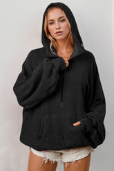 Double Take Half Zip Long Sleeve Hoodie with Kangaroo Pocket Black OutfitFlow