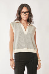 Davi & Dani French Terry Boxy Fit Striped Sweater Vest CREAM BLACK OutfitFlow