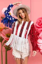 BiBi American Flag Theme Fringe Detailed Sequins Crop Top AMERICAN FLAG OutfitFlow