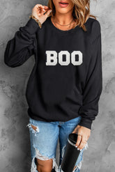 BOO Round Neck Long Sleeve Sweatshirt Black OutfitFlow