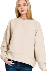 Zenana Ribbed Balloon Sleeve Sweatshirt SAND BEIGE OutfitFlow