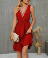 V-Neck Sleeveless Midi Dress with Lace Trim Deep Red OutfitFlow