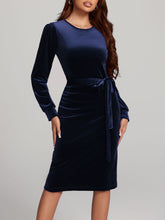 Round Neck Tie Waist Long Sleeve Velvet Dress Navy OutfitFlow