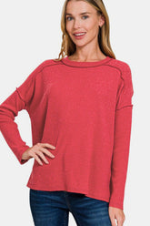 Zenana Full Size Exposed Seam Brushed Round Neck Sweater Red OutfitFlow