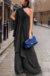 Mock Neck Single Shoulder Top and Pants Set Black OutfitFlow