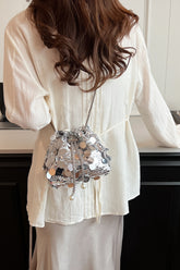 Drawstring Sequin Crossbody Bag Silver One Size OutfitFlow