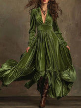Ruffled Hem Long Sleeve Dress Dark Green OutfitFlow