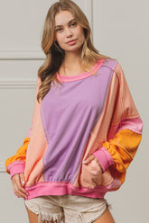 BiBi Color Block Exposed Seam Sweatshirt with Pockets Lavender Peach Fuchsia OutfitFlow