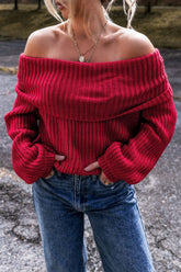 Off-Shoulder Long Sleeve Sweater Deep Red OutfitFlow