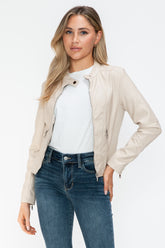 Snobbish PU Leather Zip Up Jacket with Pockets Sand OutfitFlow