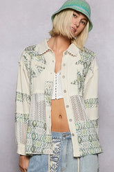 POL Printed Crochet Patchwork Button-Up Shirt Gum Leaf OutfitFlow