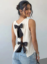 Bow Back Ribbed Tank Top Beige OutfitFlow