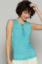 POL Half Button Round Neck Washed Tank Turquoise OutfitFlow