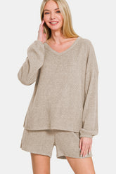 Zenana V-Neck Long Sleeve Ribbed Top and Shorts Set Khaki OutfitFlow