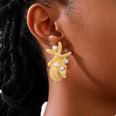 Ocean Starfish Shell Synthetic Pearl Drop Earrings Gold onesize OutfitFlow