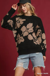 Umgee Floral Long Sleeve Sweater BLACK TAUPE OutfitFlow