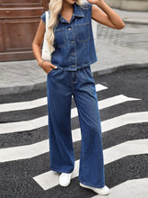Button Up Vest and Jeans Denim Set Blue OutfitFlow