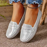 PU Leather Round Toe Flat Slip-Ons Silver OutfitFlow