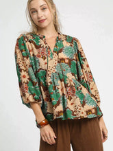 Umgee Mix Floral Peplum Blouse with Tie Neck BROWN MIX OutfitFlow