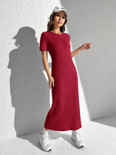 Slit Round Neck Short Sleeve Sweater Dress Scarlet OutfitFlow