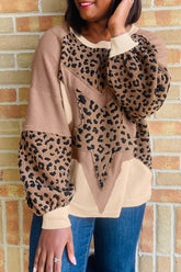 Leopard Star Patchwork Round Neck Sweatshirt Taupe OutfitFlow
