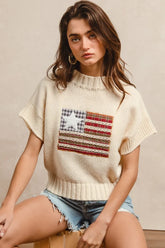 BiBi American Flag Patchwork Drop Shoulder Sweater OATMEAL OutfitFlow